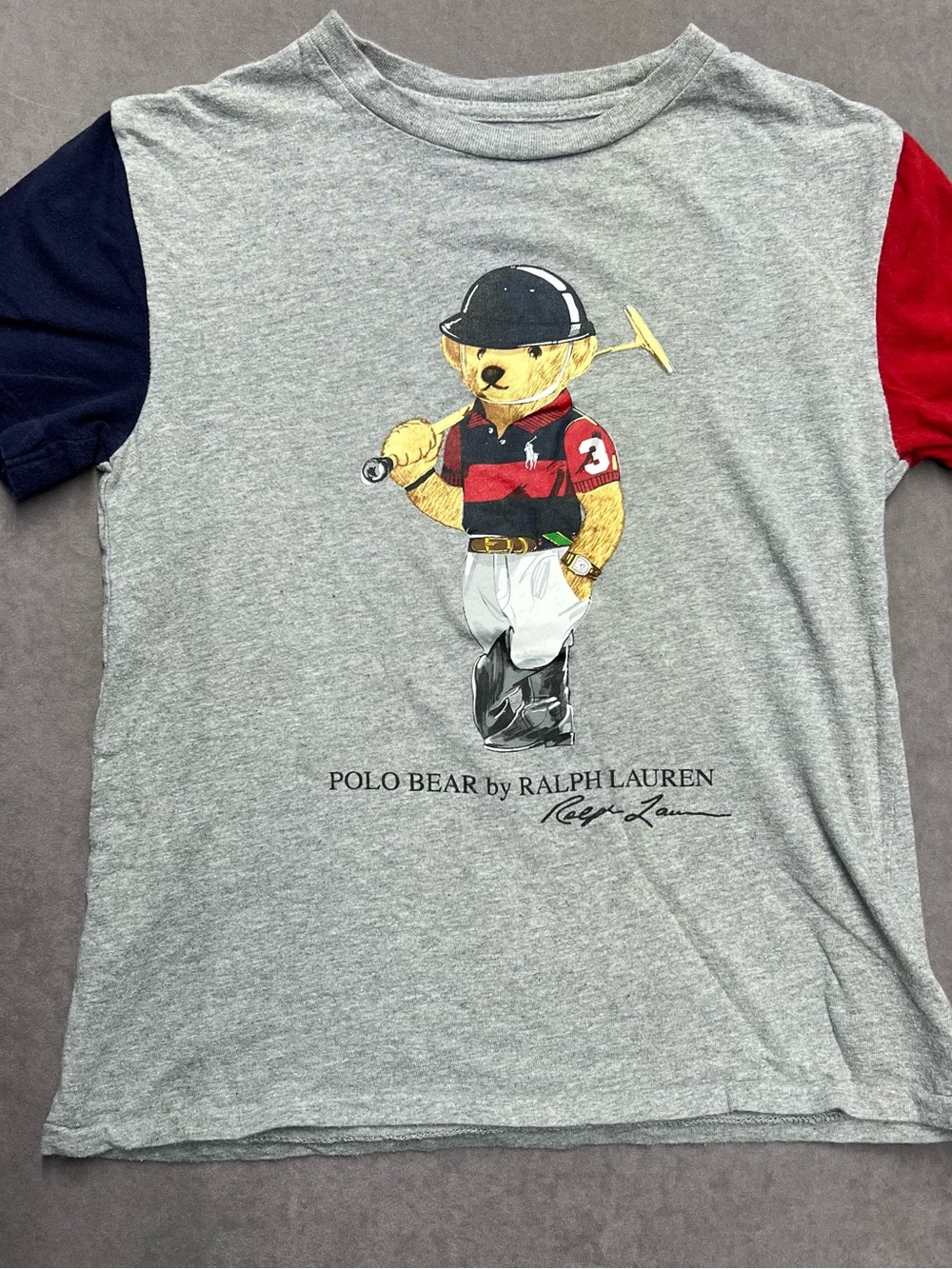 Polo by Ralph Lauren Grey Tee with Navy & Red Sleeves featuring Polo Bear
